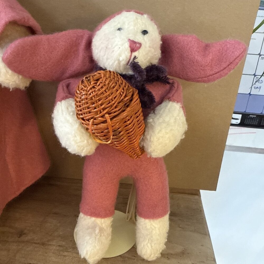 2 Vintage Handmade Bunnies Rabbits Plush Stuffed Animal 15”/9” Wool Lace Glasses - Picture 12 of 16